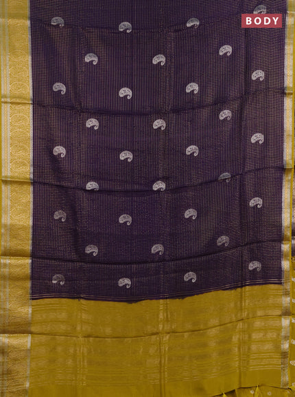Semi mysore silk saree violet and lime yellow with allover zari checks & buttas and zari woven border