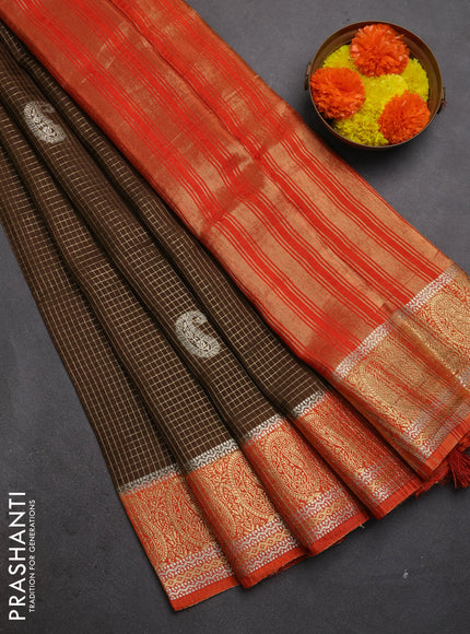 Semi mysore silk saree coffee brown and orange with allover zari checks & buttas and zari woven border