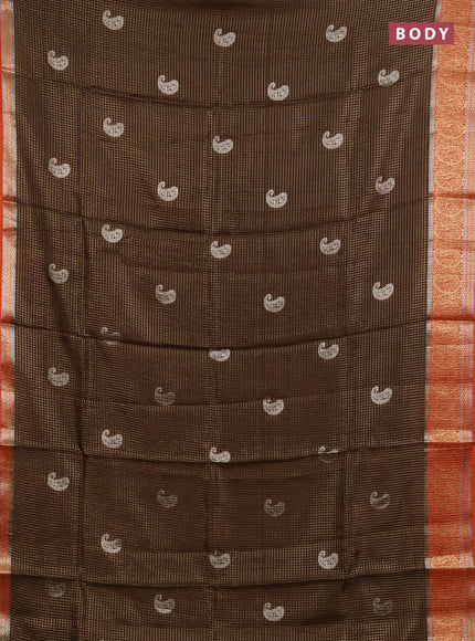 Semi mysore silk saree coffee brown and orange with allover zari checks & buttas and zari woven border