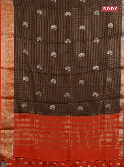 Semi mysore silk saree coffee brown and orange with allover zari checks & buttas and zari woven border