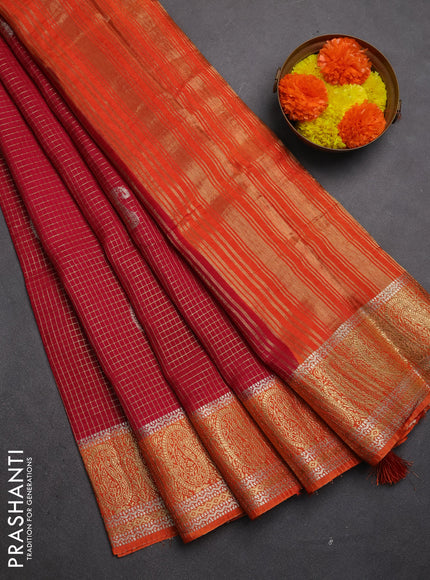 Semi mysore silk saree tomato pink and orange with allover zari checks & buttas and zari woven border