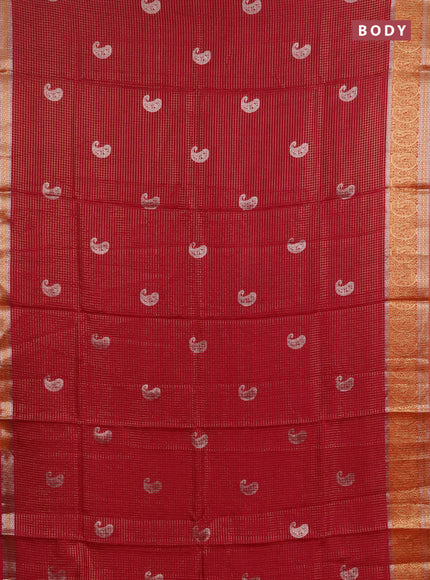 Semi mysore silk saree tomato pink and orange with allover zari checks & buttas and zari woven border