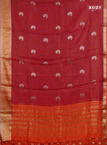 Semi mysore silk saree tomato pink and orange with allover zari checks & buttas and zari woven border