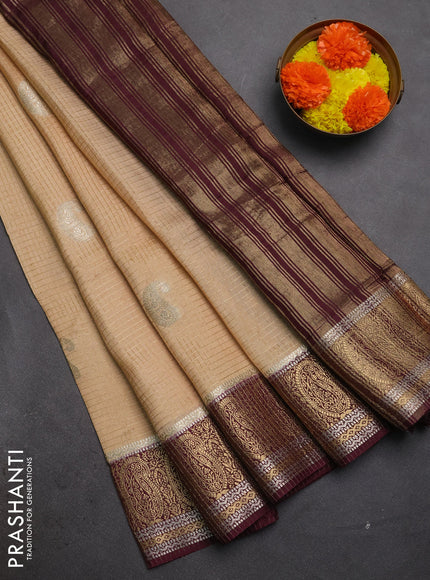 Semi mysore silk saree beige and deep wine with allover zari checks & buttas and zari woven border