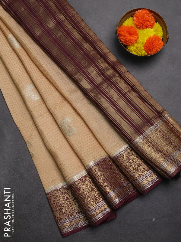 Semi mysore silk saree beige and deep wine with allover zari checks & buttas and zari woven border