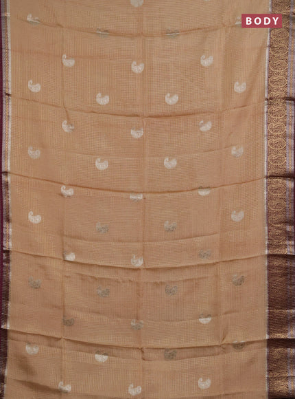 Semi mysore silk saree beige and deep wine with allover zari checks & buttas and zari woven border