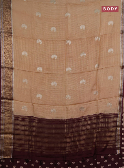 Semi mysore silk saree beige and deep wine with allover zari checks & buttas and zari woven border