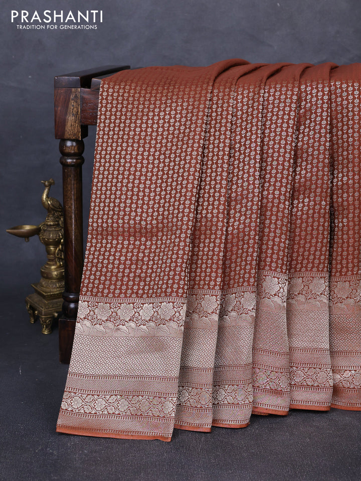 Banarasi silk saree brown with allover thread & zari woven buttas and long zari woven border