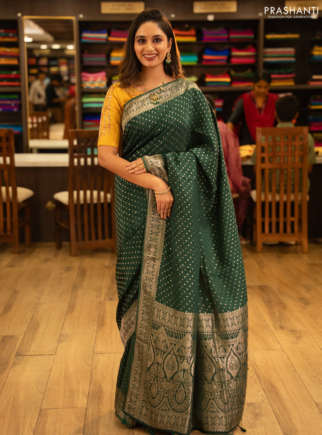 Banarasi silk saree bottle green with allover thread & zari woven buttas and zari woven border