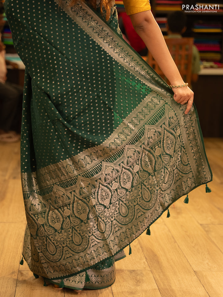 Banarasi silk saree bottle green with allover thread & zari woven buttas and zari woven border