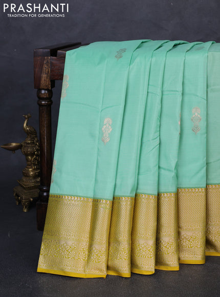 Bangalori silk saree teal green and lime yellow with zari woven buttas and zari woven border