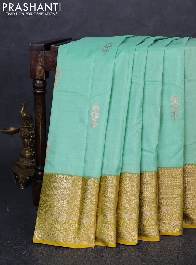 Bangalori silk saree teal green and lime yellow with zari woven buttas and zari woven border