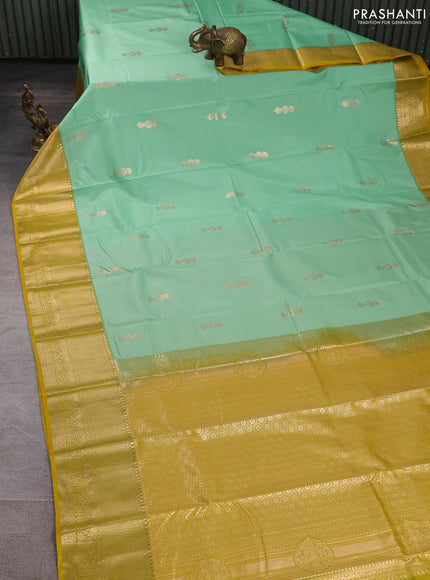 Bangalori silk saree teal green and lime yellow with zari woven buttas and zari woven border