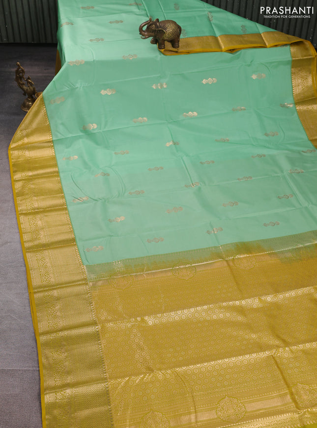 Bangalori silk saree teal green and lime yellow with zari woven buttas and zari woven border