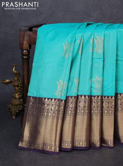 Bangalori silk saree teal green and jamun shade with allover zari woven buttas and long zari woven border