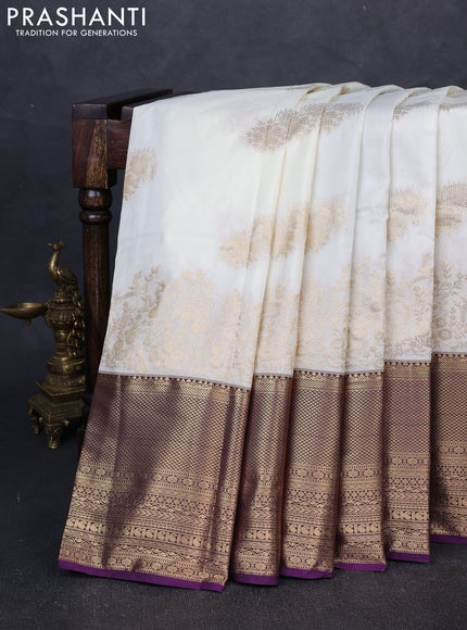 Bangalori silk saree off white and purple with zari woven buttas and long zari woven border