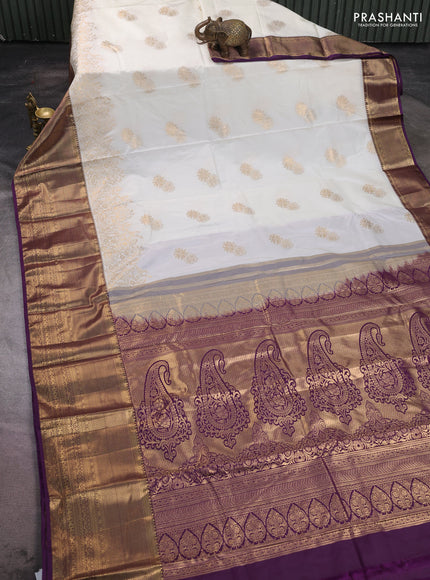 Bangalori silk saree off white and purple with zari woven buttas and long zari woven border