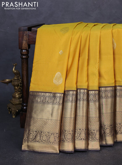 Bangalori silk saree mustard yellow and deep wine with zari woven buttas and long zari woven border