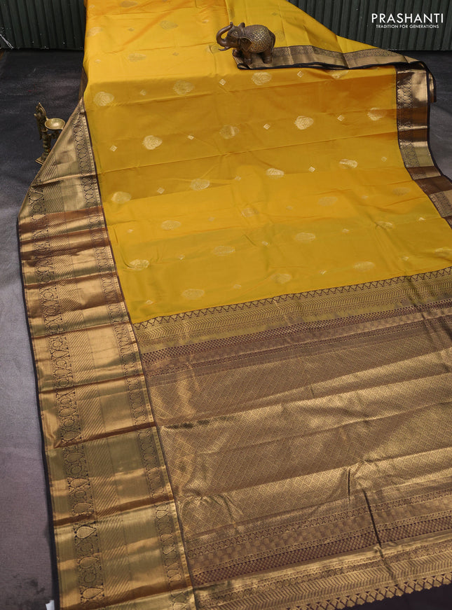Bangalori silk saree mustard yellow and deep wine with zari woven buttas and long zari woven border