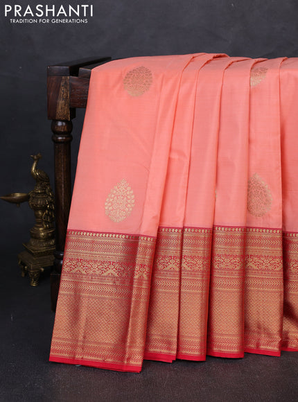 Bangalori silk saree peach orange and red with zari woven buttas and long zari woven border