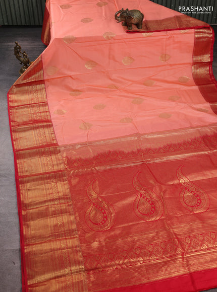 Bangalori silk saree peach orange and red with zari woven buttas and long zari woven border