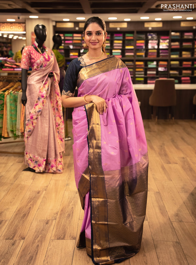 Bangalori silk saree peach pink and navy blue with zari woven buttas and zari woven border
