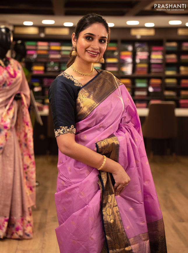 Bangalori silk saree peach pink and navy blue with zari woven buttas and zari woven border