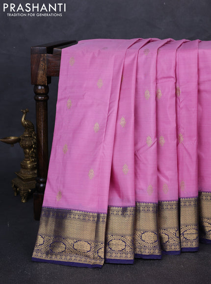 Bangalori silk saree peach pink and navy blue with zari woven buttas and zari woven border