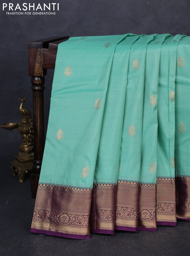 Bangalori silk saree green shade and deep purple with zari woven buttas and zari woven border
