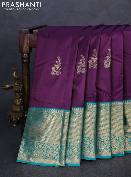 Bangalori silk saree deep purple and green with zari woven buttas and long zari woven border