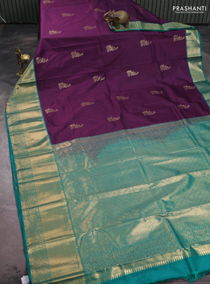 Bangalori silk saree deep purple and green with zari woven buttas and long zari woven border