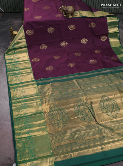 Bangalori silk saree deep purple and green with zari woven buttas and long zari woven border