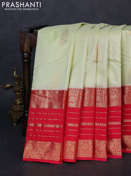 Bangalori silk saree pista green and red with zari woven buttas and long zari woven border