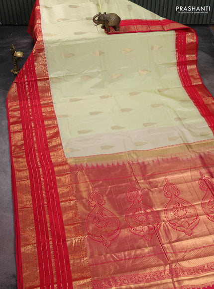 Bangalori silk saree pista green and red with zari woven buttas and long zari woven border