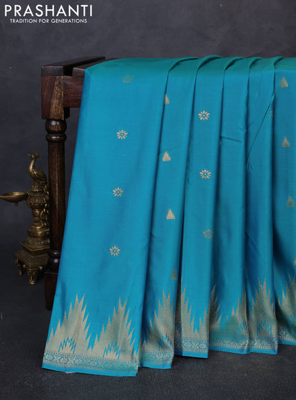 Bangalori silk saree teal blue with zari woven buttas and temple zari woven border
