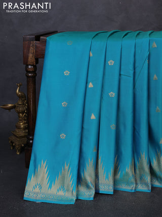 Bangalori silk saree teal blue with zari woven buttas and temple zari woven border