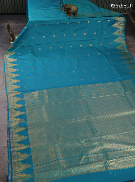 Bangalori silk saree teal blue with zari woven buttas and temple zari woven border