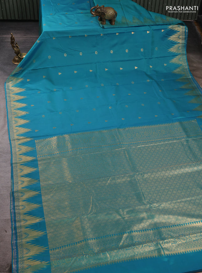 Bangalori silk saree teal blue with zari woven buttas and temple zari woven border