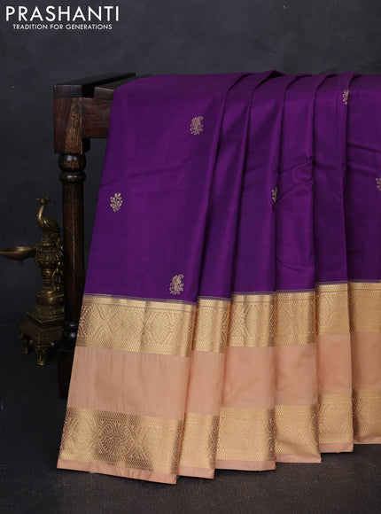 Bangalori silk saree violet and sandal with zari woven buttas and long rettapet zari woven border