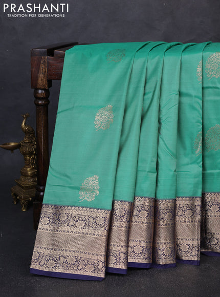Bangalori silk saree teal green and navy blue with zari woven buttas and zari woven border