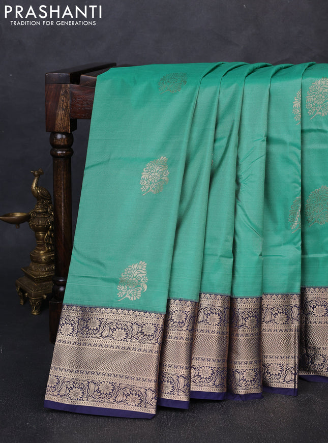 Bangalori silk saree teal green and navy blue with zari woven buttas and zari woven border