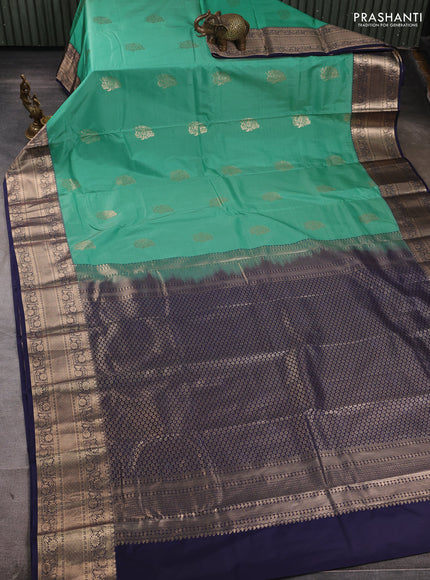 Bangalori silk saree teal green and navy blue with zari woven buttas and zari woven border