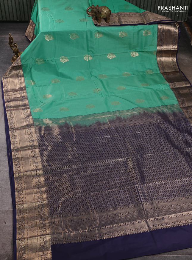 Bangalori silk saree teal green and navy blue with zari woven buttas and zari woven border