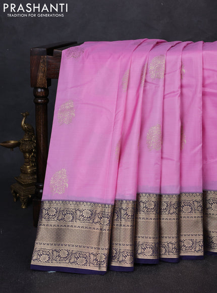 Bangalori silk saree lotus pink and navy blue with zari woven buttas and zari woven border