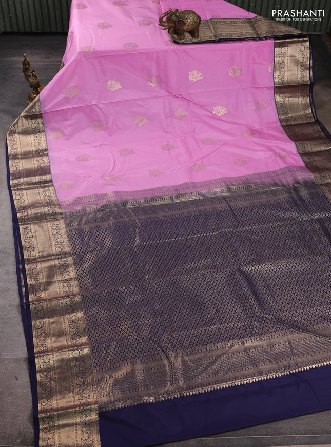 Bangalori silk saree lotus pink and navy blue with zari woven buttas and zari woven border