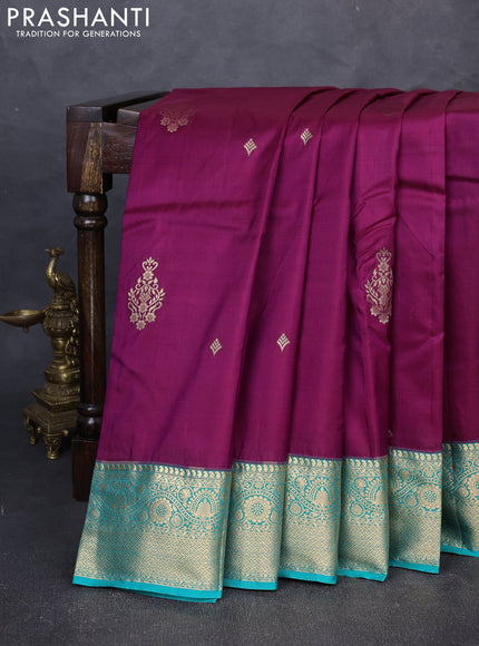 Bangalori silk saree deep wine and teal green with zari woven buttas and zari woven border
