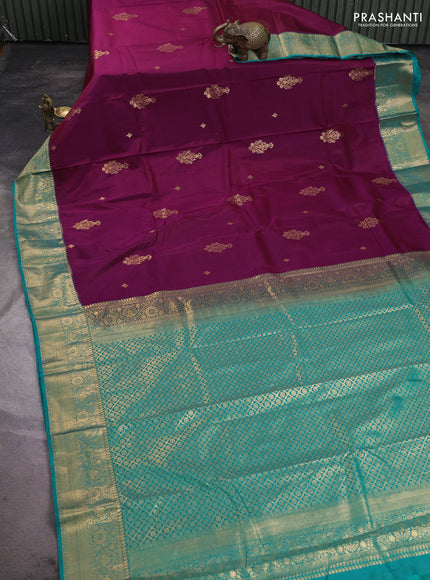 Bangalori silk saree deep wine and teal green with zari woven buttas and zari woven border