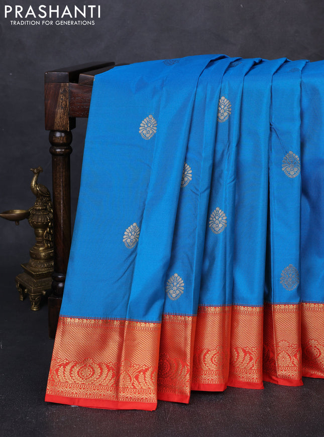 Bangalori silk saree cs blue and orange with zari woven buttas and zari woven border