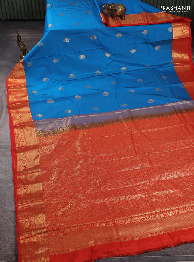 Bangalori silk saree cs blue and orange with zari woven buttas and zari woven border
