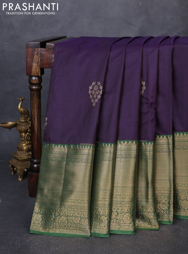 Bangalori silk saree violet and olive green with zari woven buttas and long zari woven border